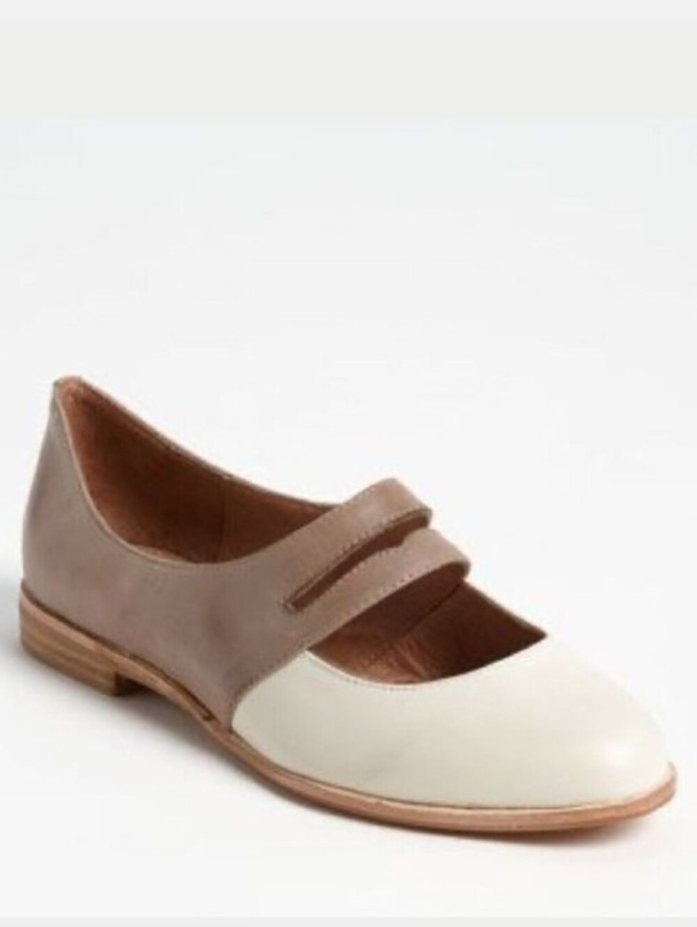 Jeffrey Campbell Deposit Women’s Two-Tone Mary Jane Flat in Taupe and Cream